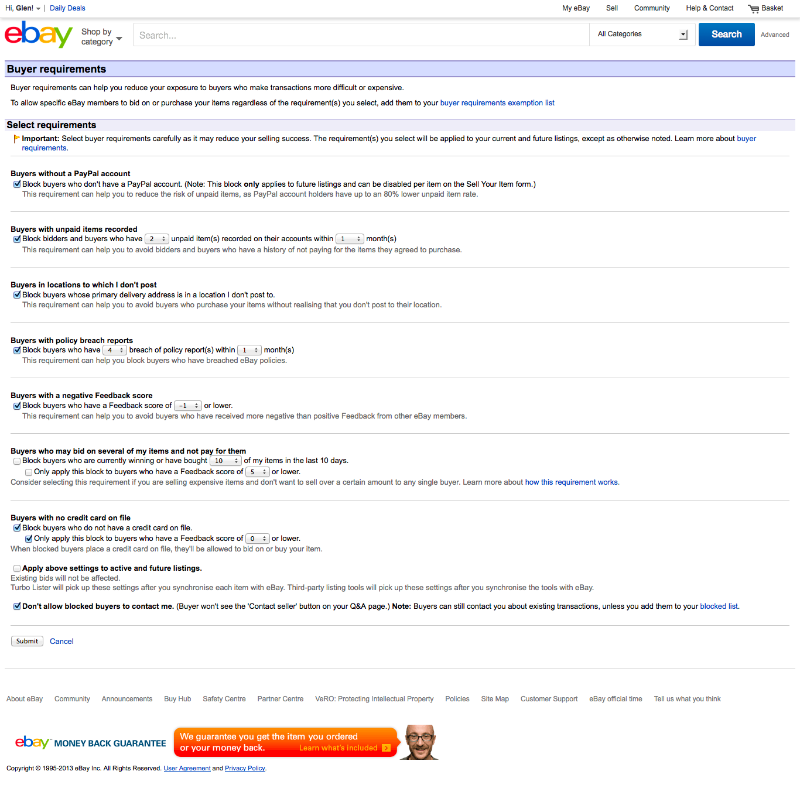 Buyer requirements recommended settings for eBay sellers