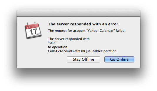 iCal error message when syncing with yahoo! calendar