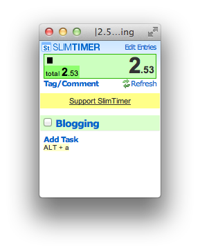 SlimTimer popup window recording time spent on a 